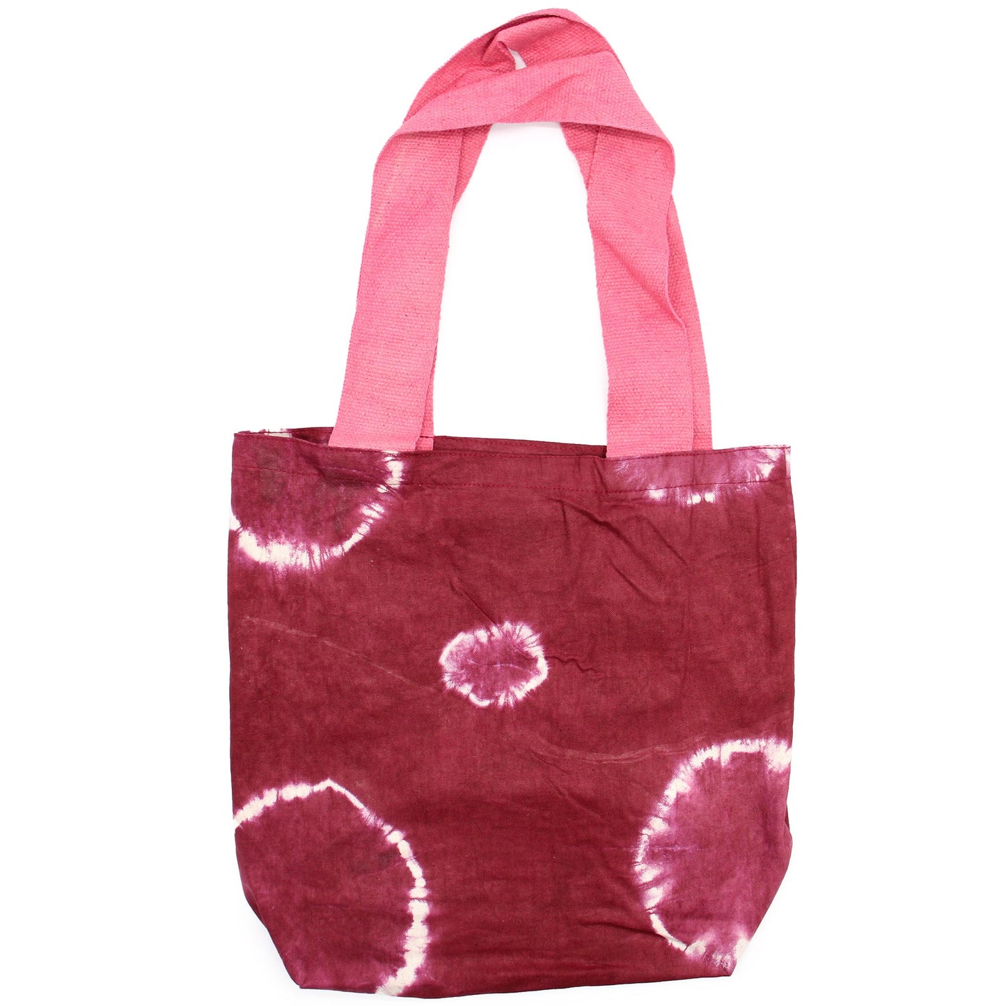 Spacious natural cotton tote bag featuring a unique maroon tie-dye ring pattern and vibrant pink fabric handles.