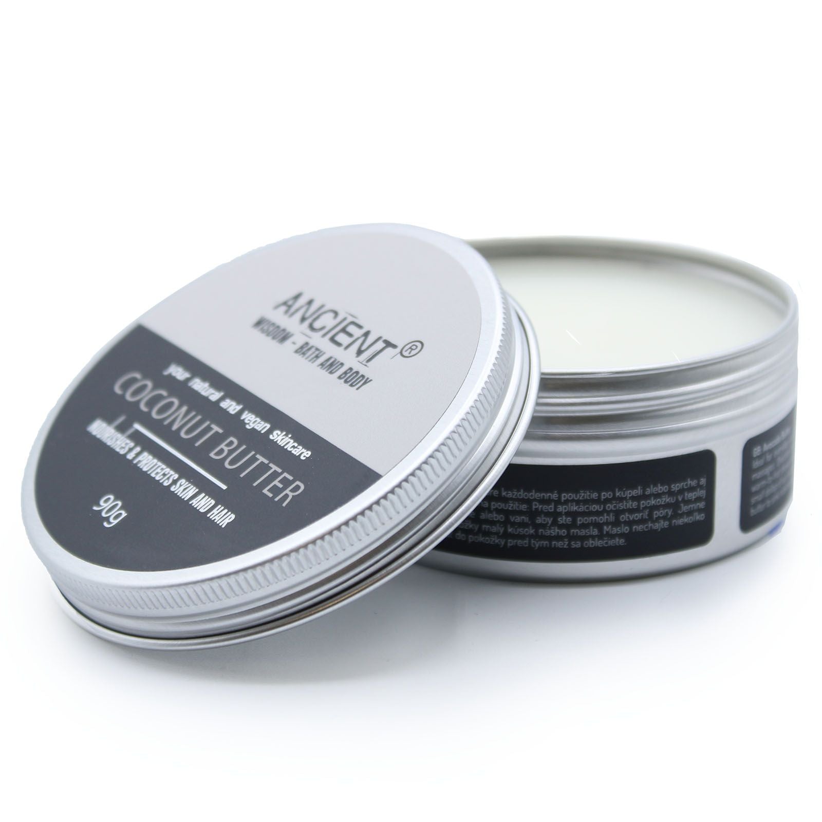 A 90g jar of creamy white coconut body butter, showcasing its rich and smooth texture.