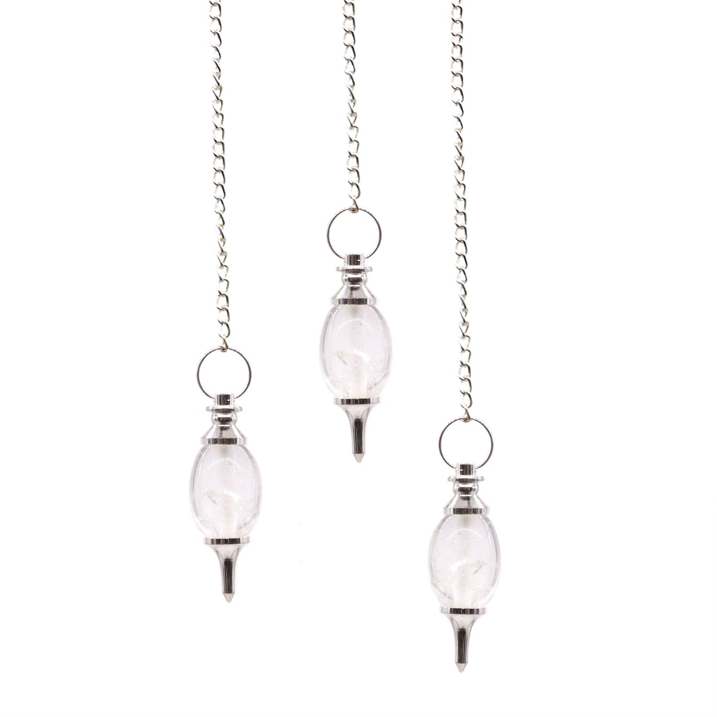 Clear rock quartz gemstone pendulum carved into a traditional lingam shape with a silver-toned metal chain.