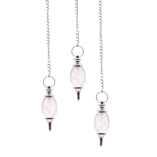 Clear rock quartz gemstone pendulum carved into a traditional lingam shape with a silver-toned metal chain.