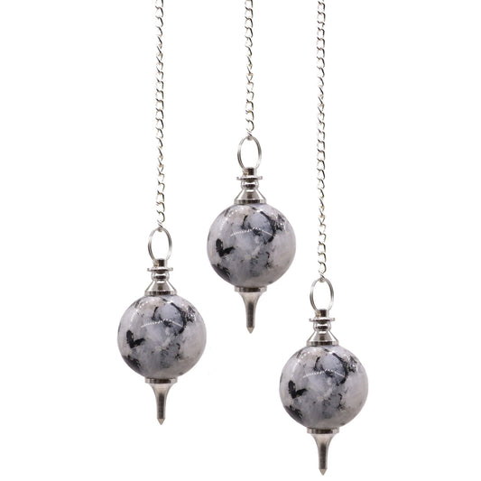 Polished rainbow moonstone sphere pendulum suspended on a delicate silver chain with a matching gemstone bead.
