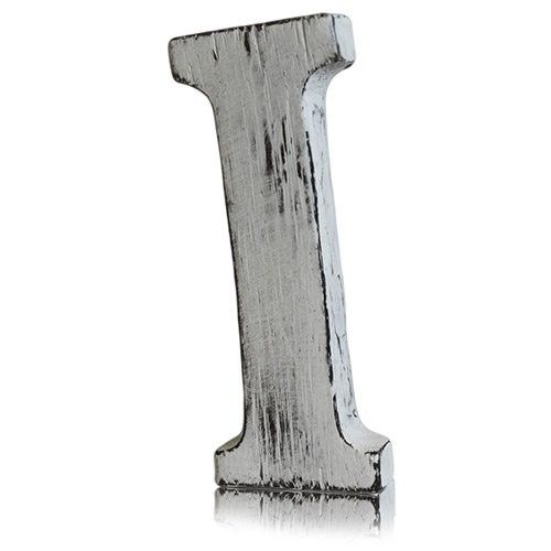 Hand-carved mango wood alphabet letter I with a distressed white-wash finish standing on a plain surface.