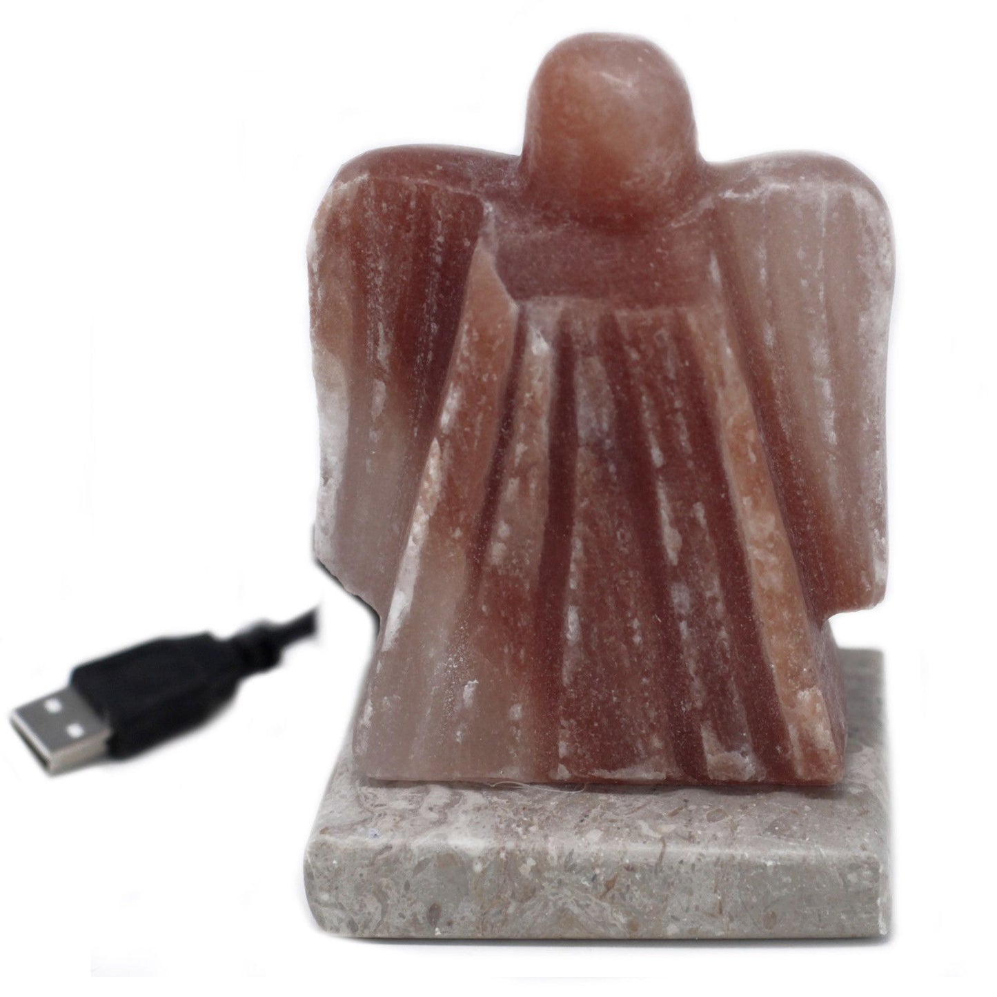 Angel shaped Himalayan salt lamp on a wooden base with a multi-coloured LED glow and USB connection.