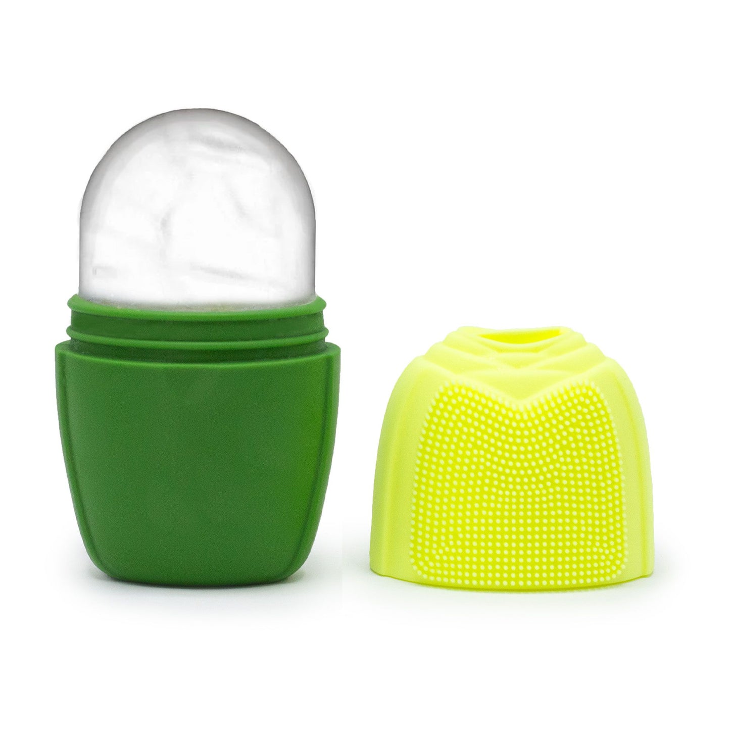 Handheld green silicone ice face roller designed for cooling facial massage and skin depuffing.