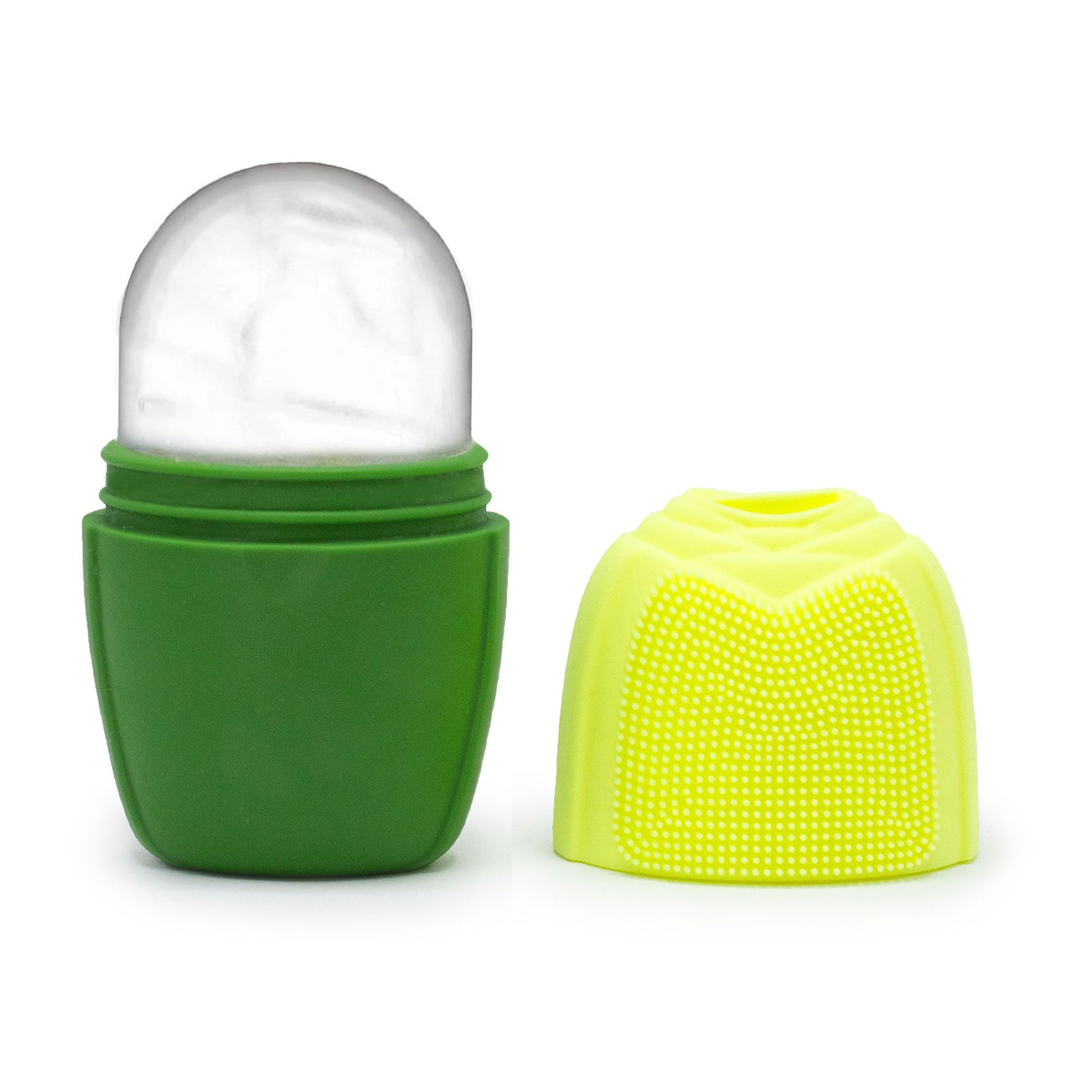Handheld green silicone ice face roller designed for cooling facial massage and skin depuffing.
