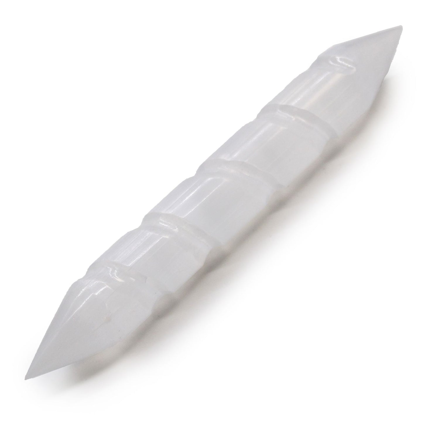 Elegant white hand-carved selenite crystal wand with a spiral design and pointed ends on both sides.