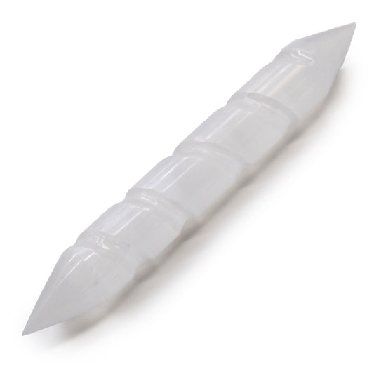 Elegant white hand-carved selenite crystal wand with a spiral design and pointed ends on both sides.