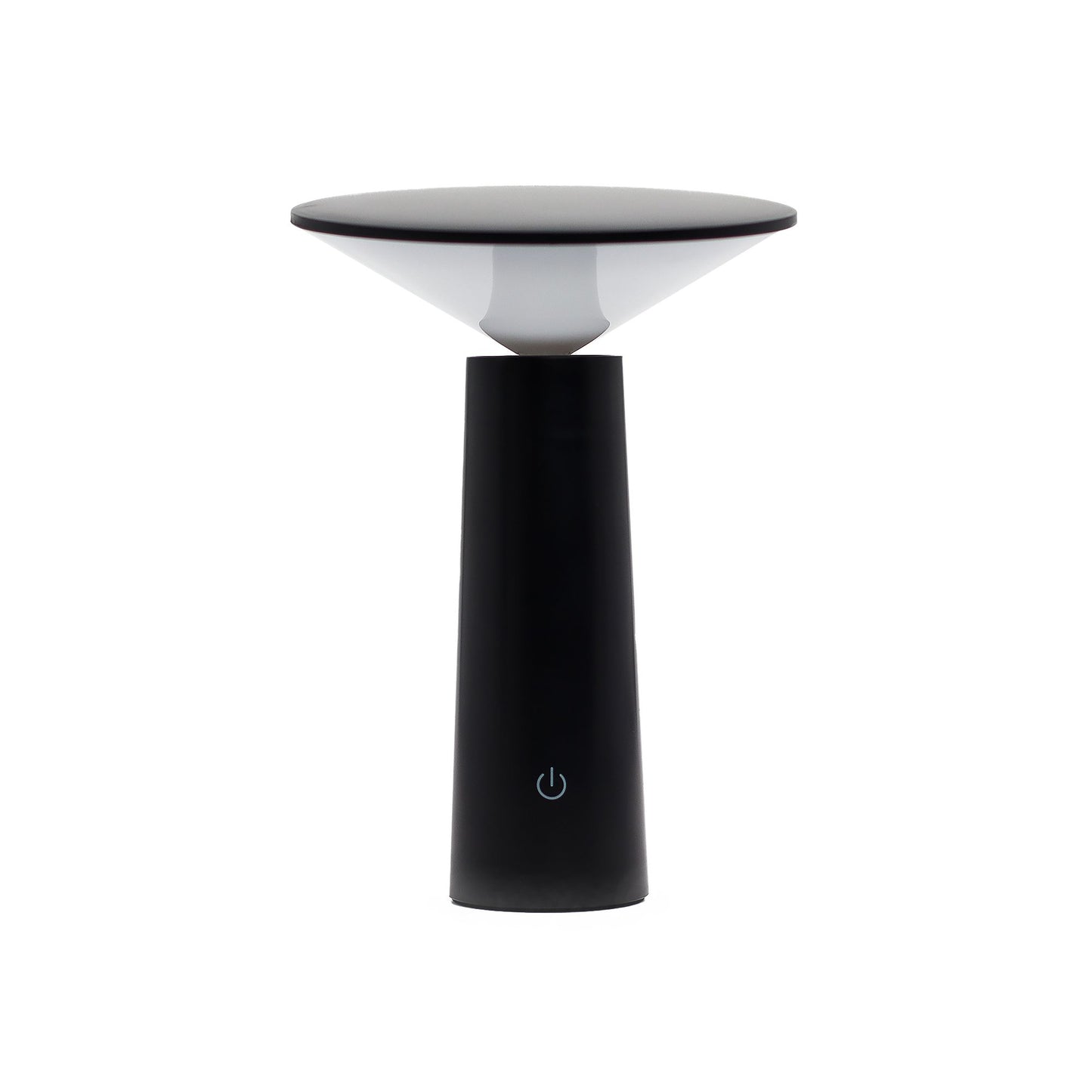Sleek black metal mushroom-shaped touch table lamp with a modern minimalist design.