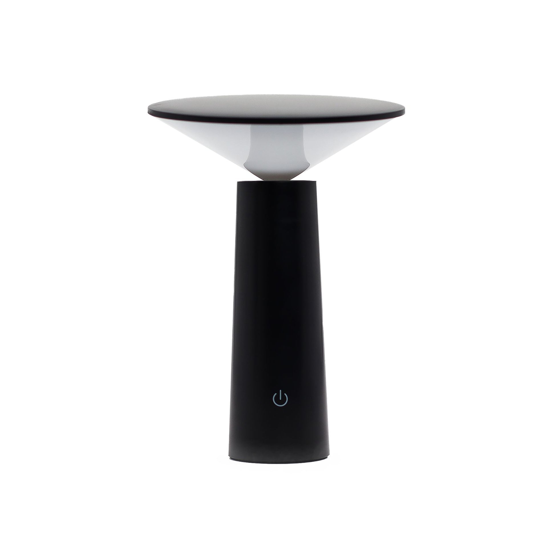 Sleek black metal mushroom-shaped touch table lamp with a modern minimalist design.