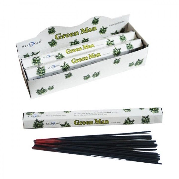 Hexagonal box of premium incense sticks featuring a Green Man design, perfect for home relaxation and meditation.