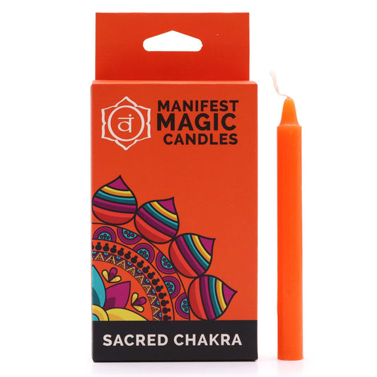 Twelve slender orange ritual candles bundled together for spiritual manifestation and chakra work.