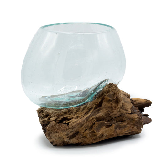 Unique handmade molten glass bowl naturally slumped over a rustic reclaimed wood base.