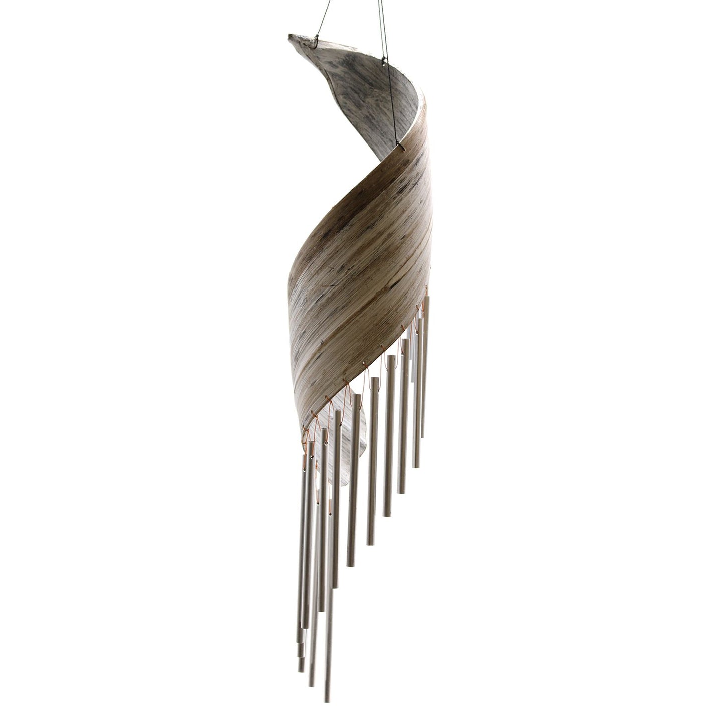 Elegant handcrafted wind chimes made from natural coconut leaves with a rustic whitewash finish.