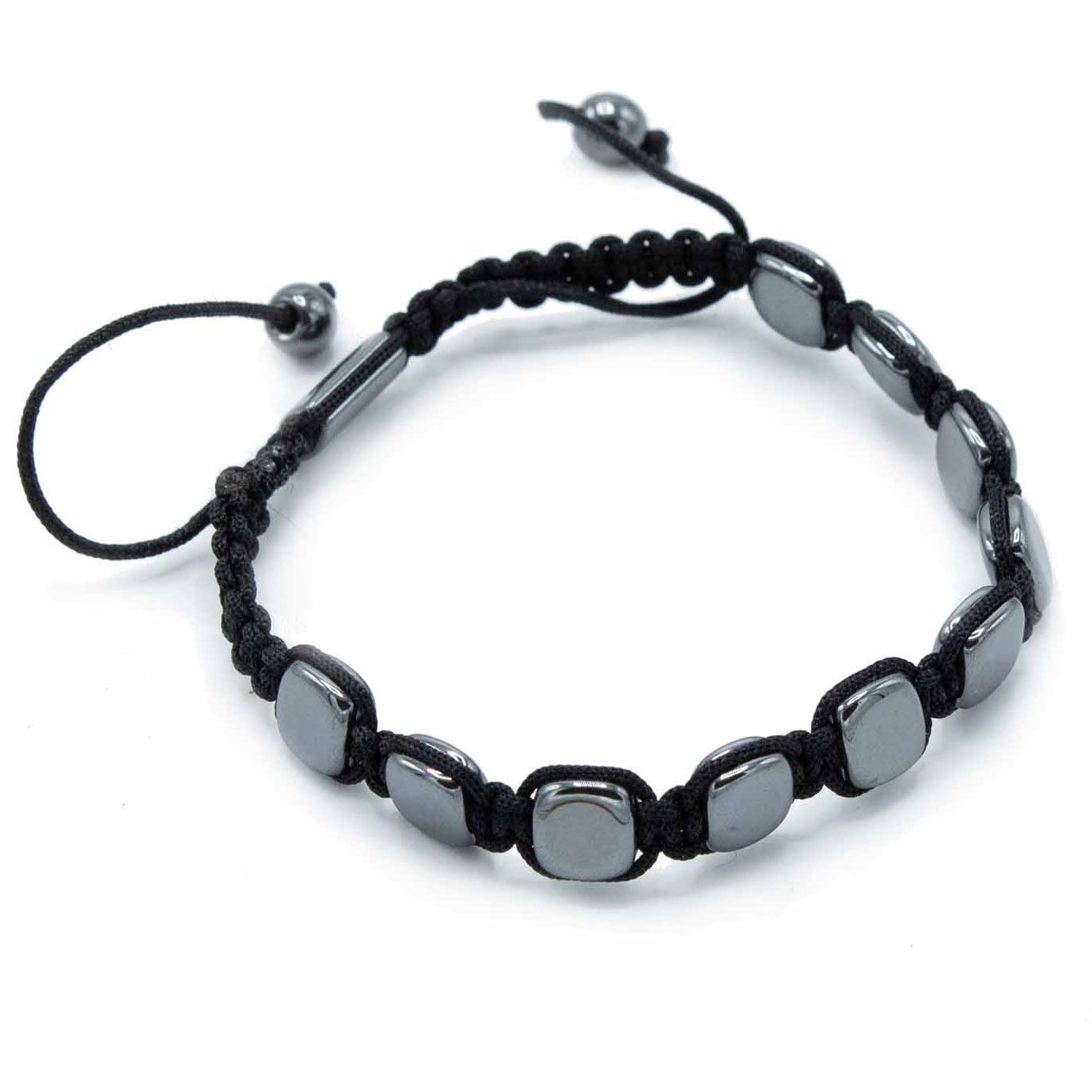 Sleek black magnetic hematite Shamballa bracelet featuring rounded beads and colourful accent cubes.