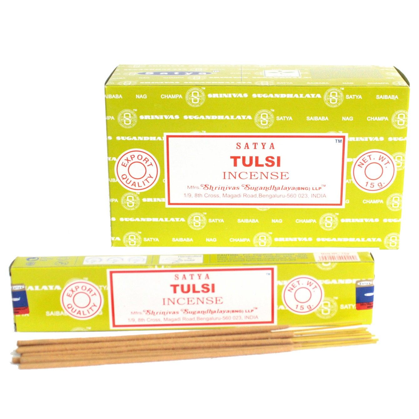 Hand rolled incense sticks in a blue box with green tulsi holy basil leaf design.
