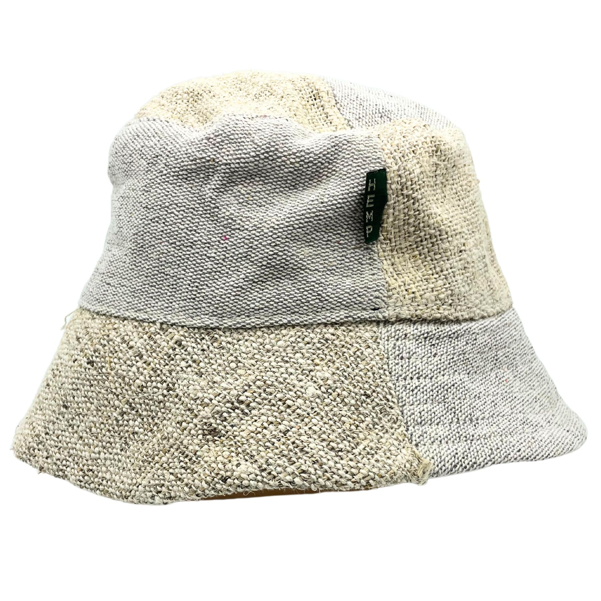 Handcrafted boho festival hat made from patched natural hemp and cotton fabric in earthy tones.