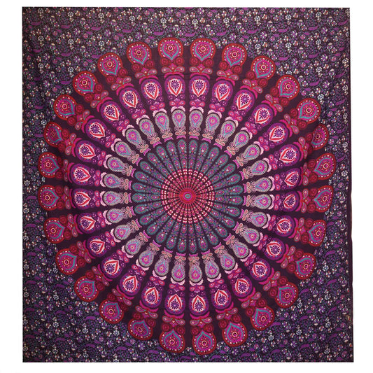 Large purple cotton bedspread and wall hanging featuring an intricate white peacock mandala pattern.