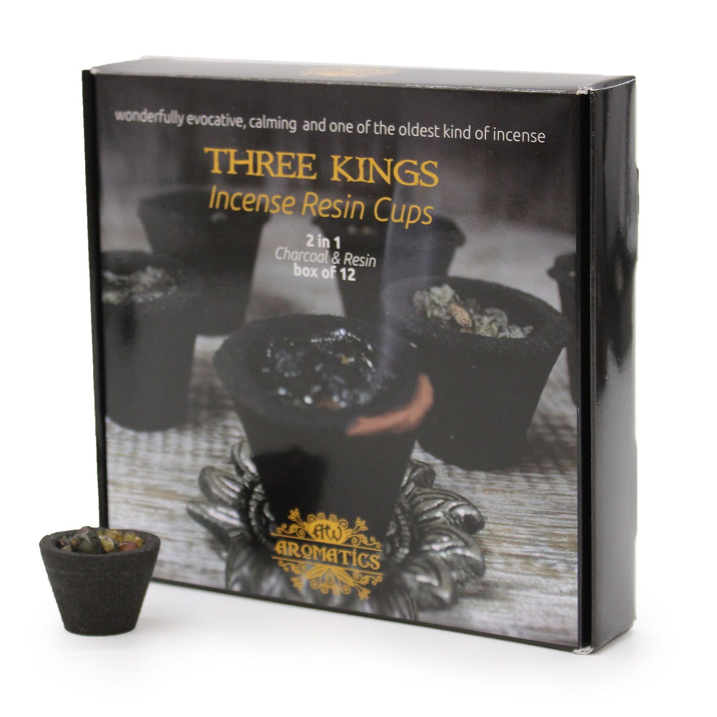 Box of twelve charcoal-based resin incense cups filled with aromatic Three Kings resin blend.