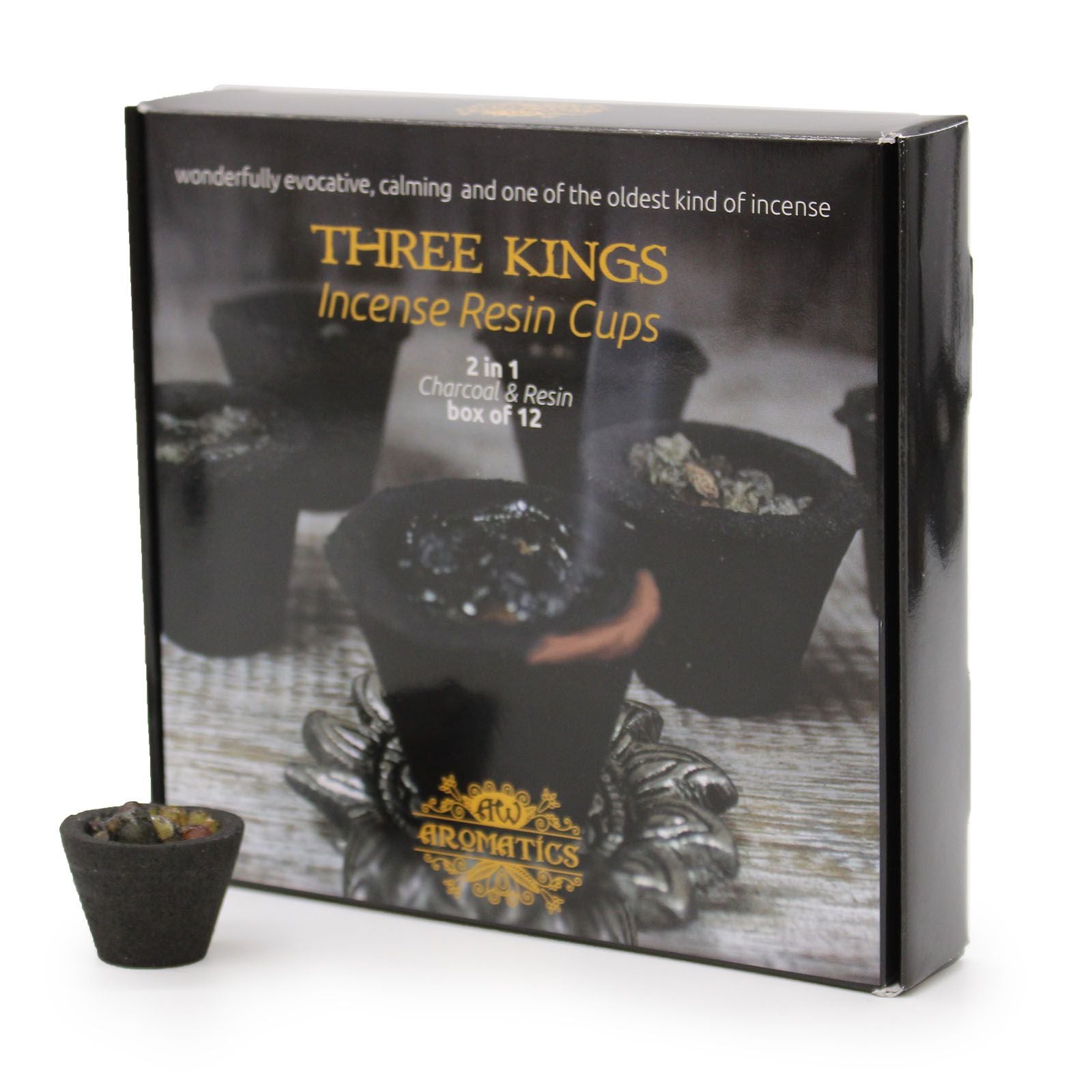 Box of twelve charcoal-based resin incense cups filled with aromatic Three Kings resin blend.