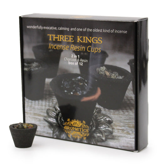 Box of twelve charcoal-based resin incense cups filled with aromatic Three Kings resin blend.