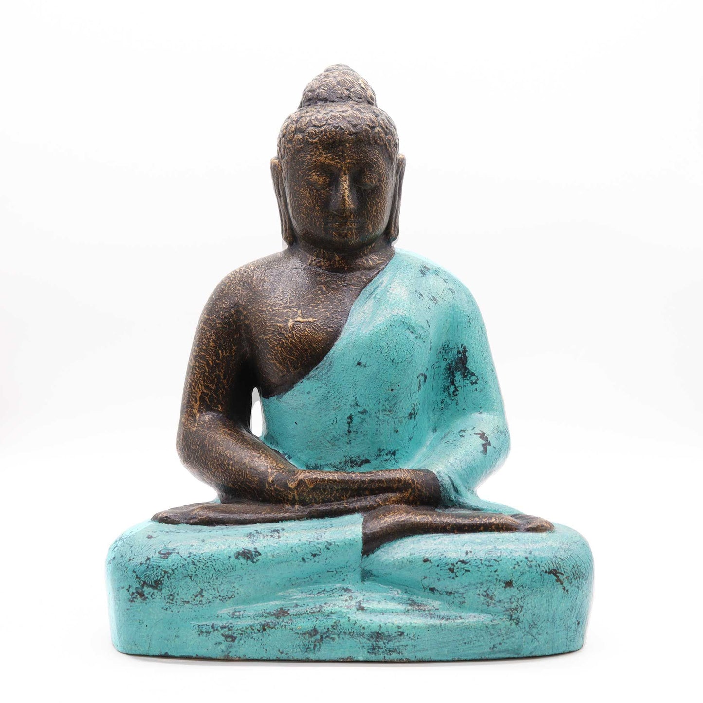 Medium seated Buddha statue with a weathered stone finish and vibrant turquoise blue decorative accents.