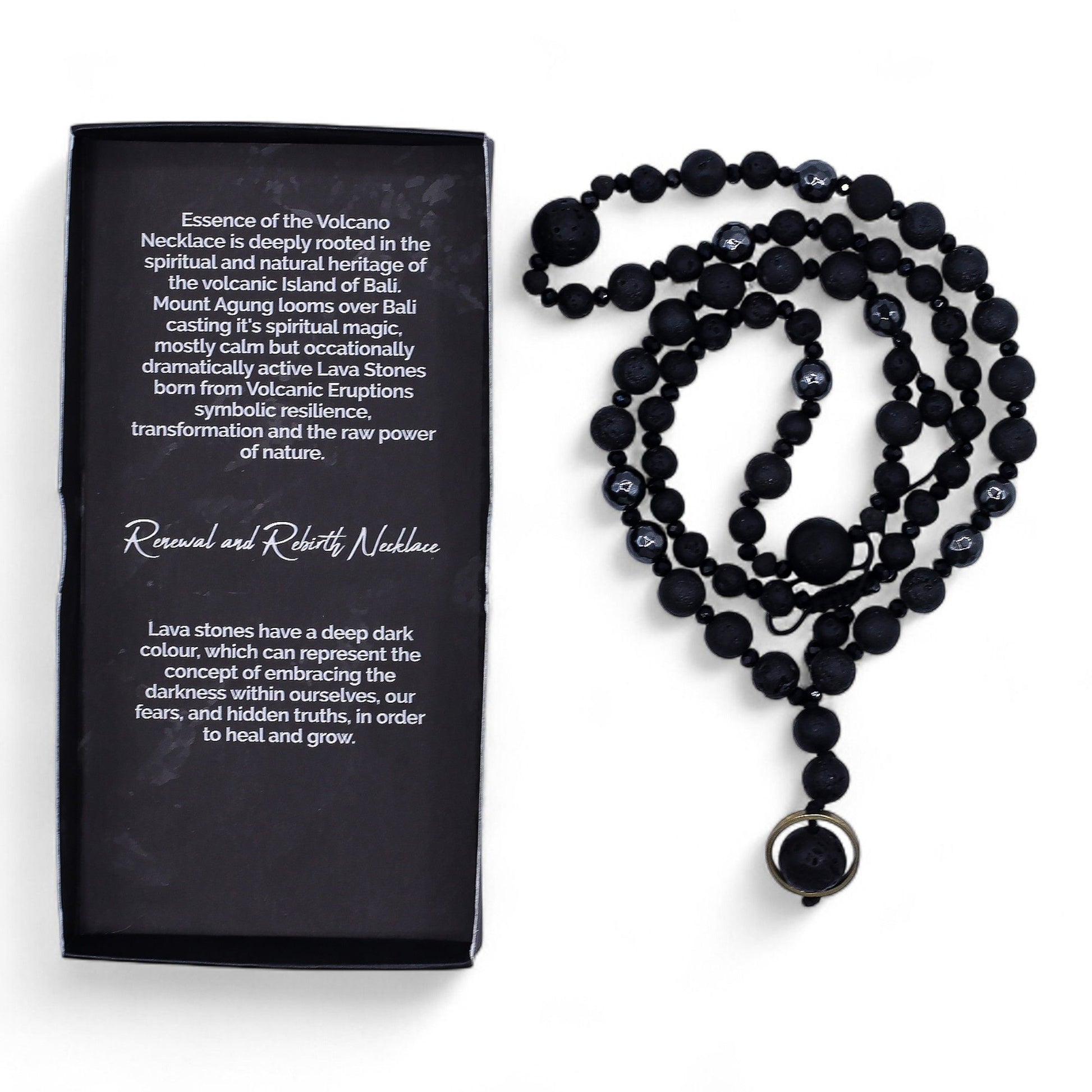 Deep black lava stone necklace with polished beads, symbolising strength and volcanic energy.