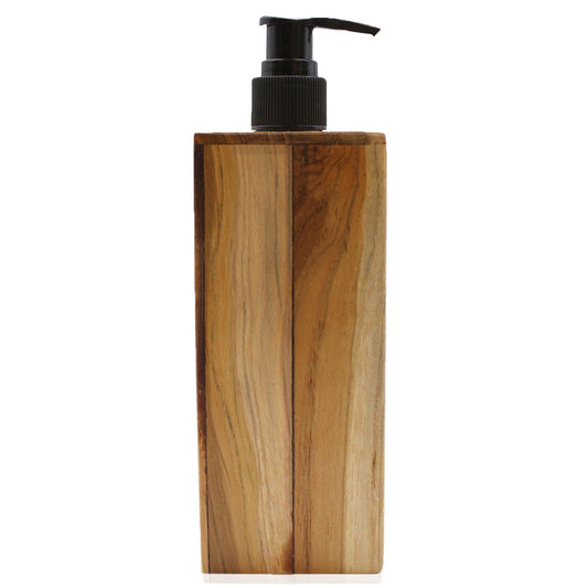 Square natural teakwood soap dispenser with a warm wood grain finish and a sturdy pump.
