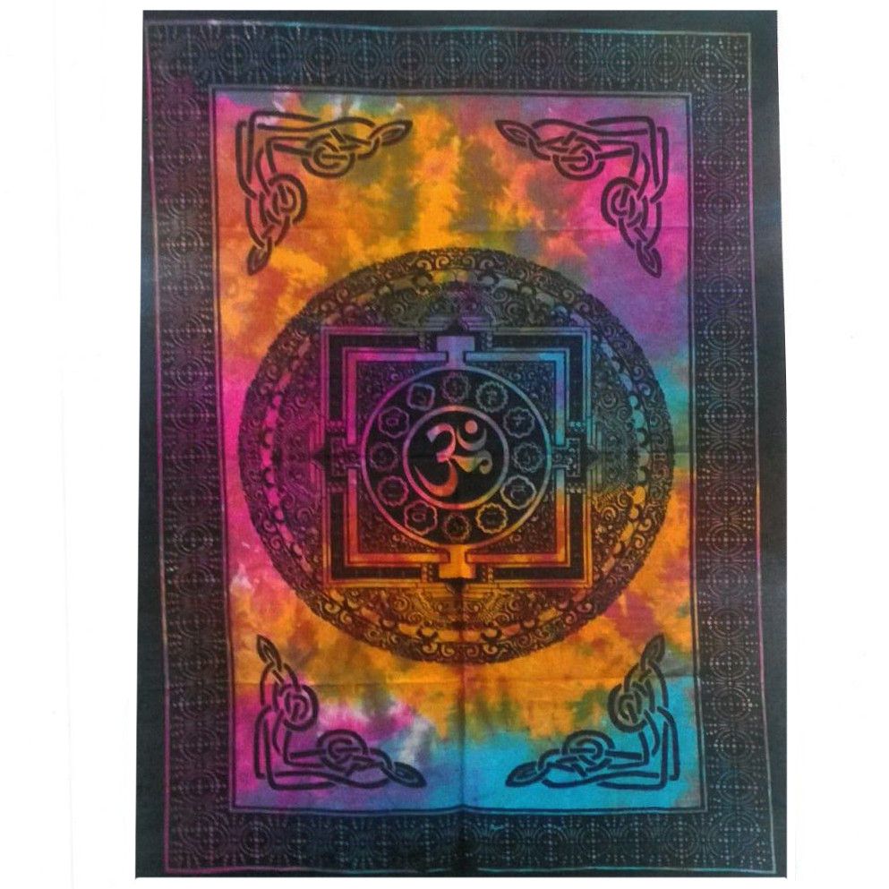 Large cotton wall hanging featuring a detailed black and white Sacred OM symbol with intricate traditional patterns.