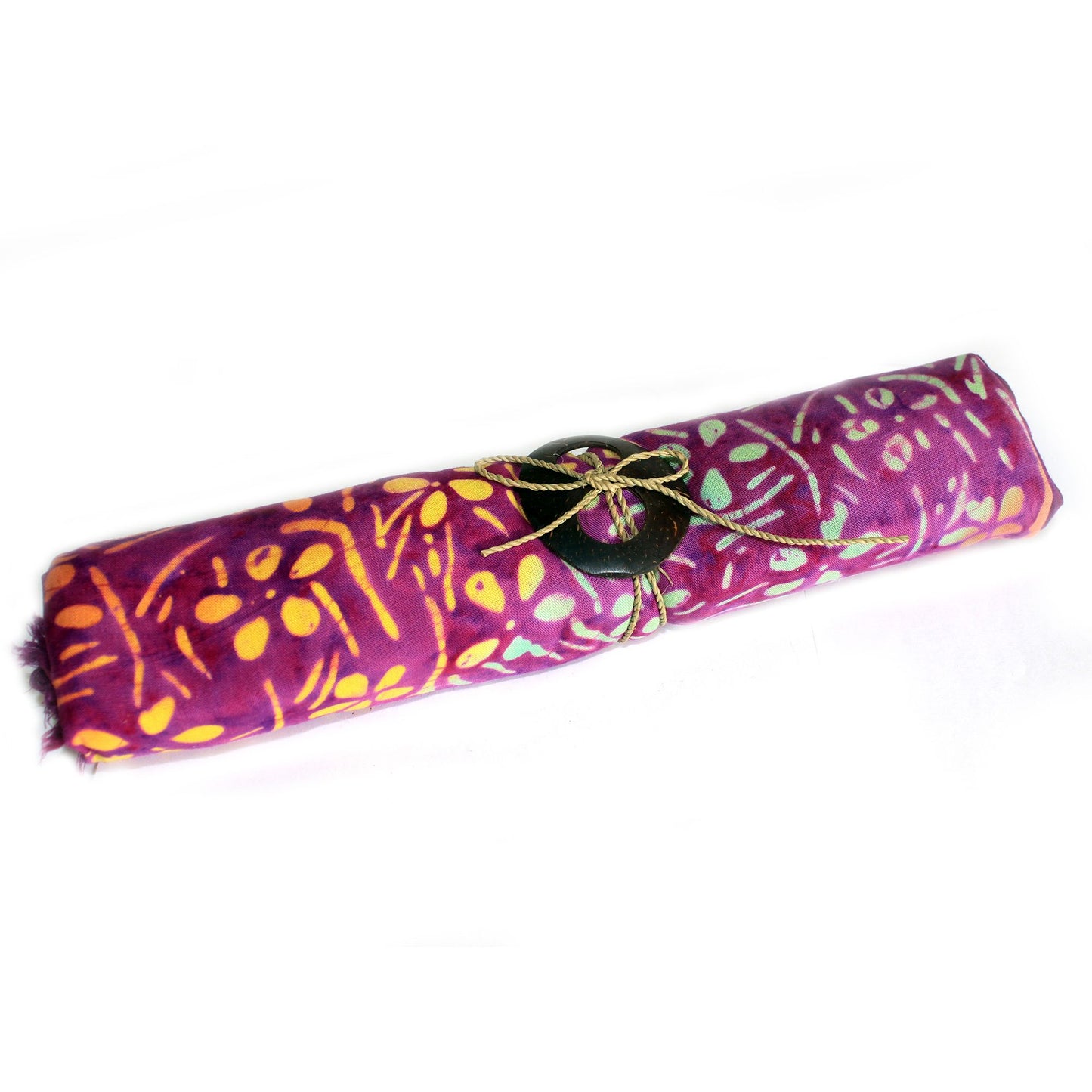 Hand-stamped purple cotton sarong featuring a white floral petal pattern and a natural coconut shell buckle.