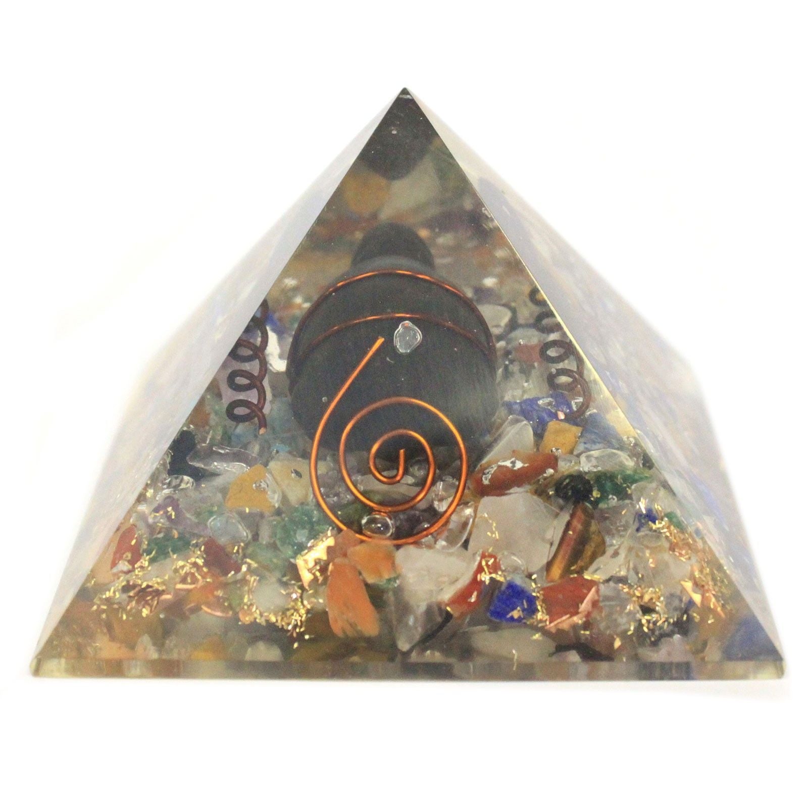 Clear resin orgonite pyramid containing colourful gemstone chips, a copper coil, and a decorative metal turtle.