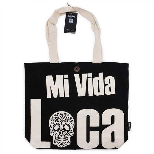 Natural cotton tote bag with 'Mi Vida Loca' printed in bold black text, featuring long shoulder handles.