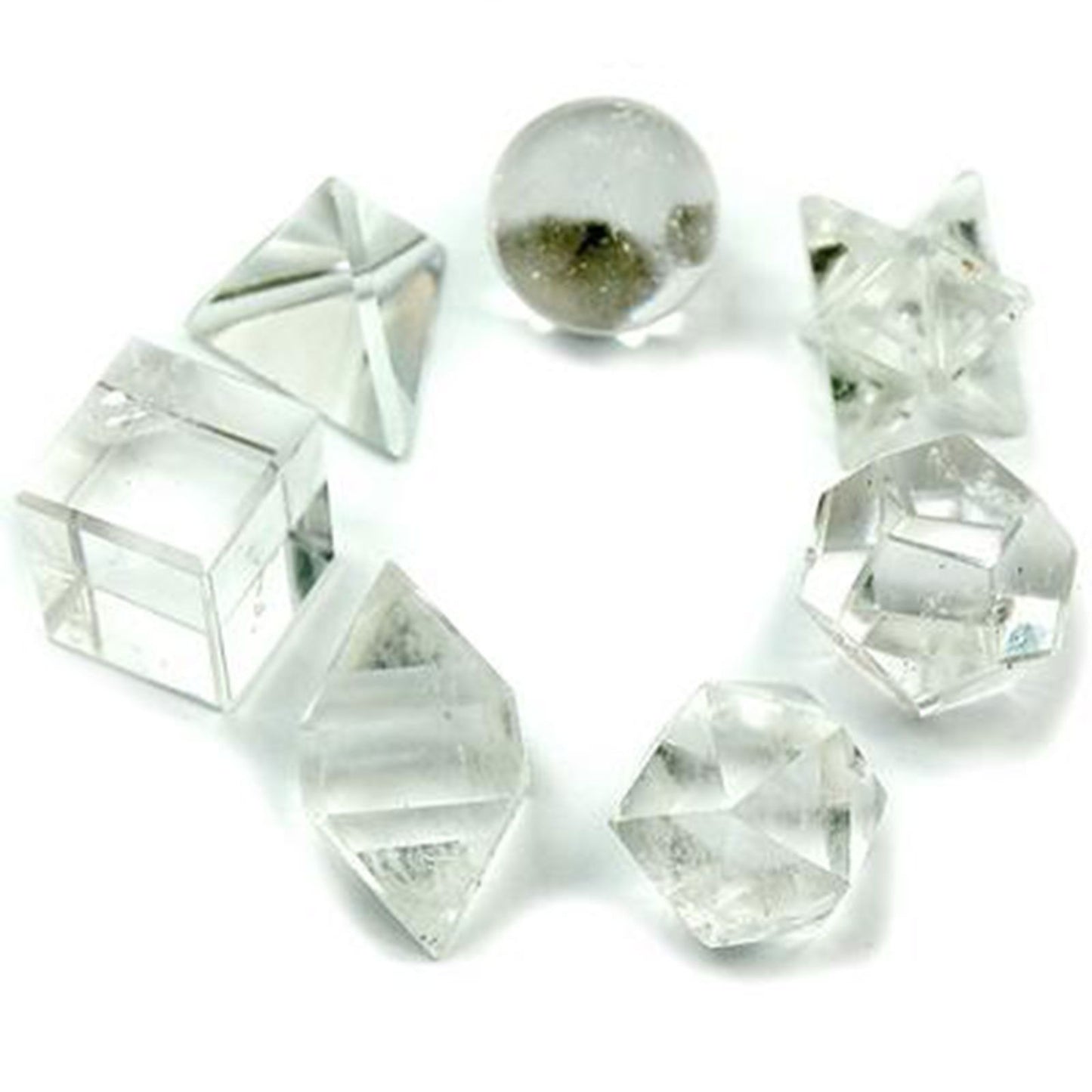 Seven piece geometric crystal set featuring various clear and coloured stones shaped as Platonic Solids.