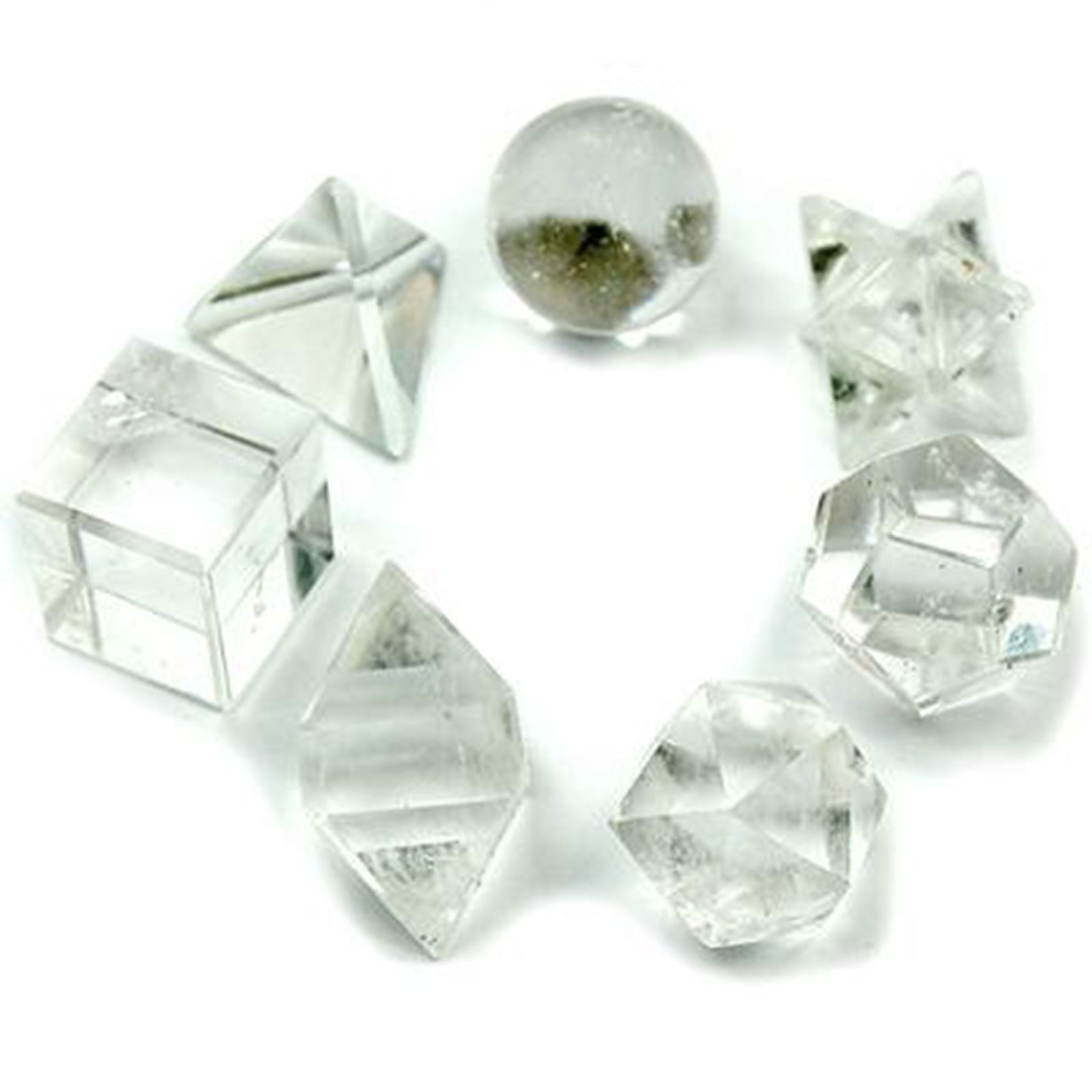 Seven piece geometric crystal set featuring various clear and coloured stones shaped as Platonic Solids.