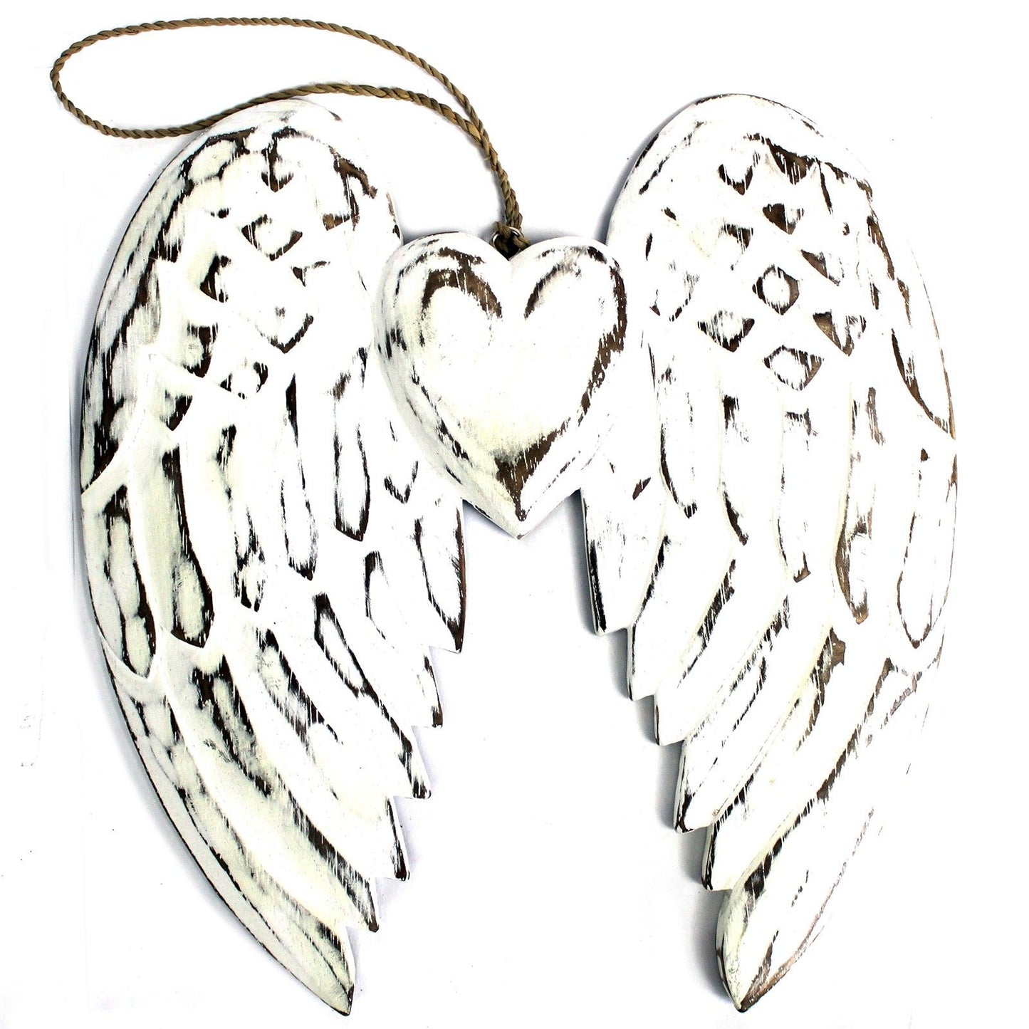 Hand carved white washed wooden double angel wings featuring a central heart in a rustic vintage style.