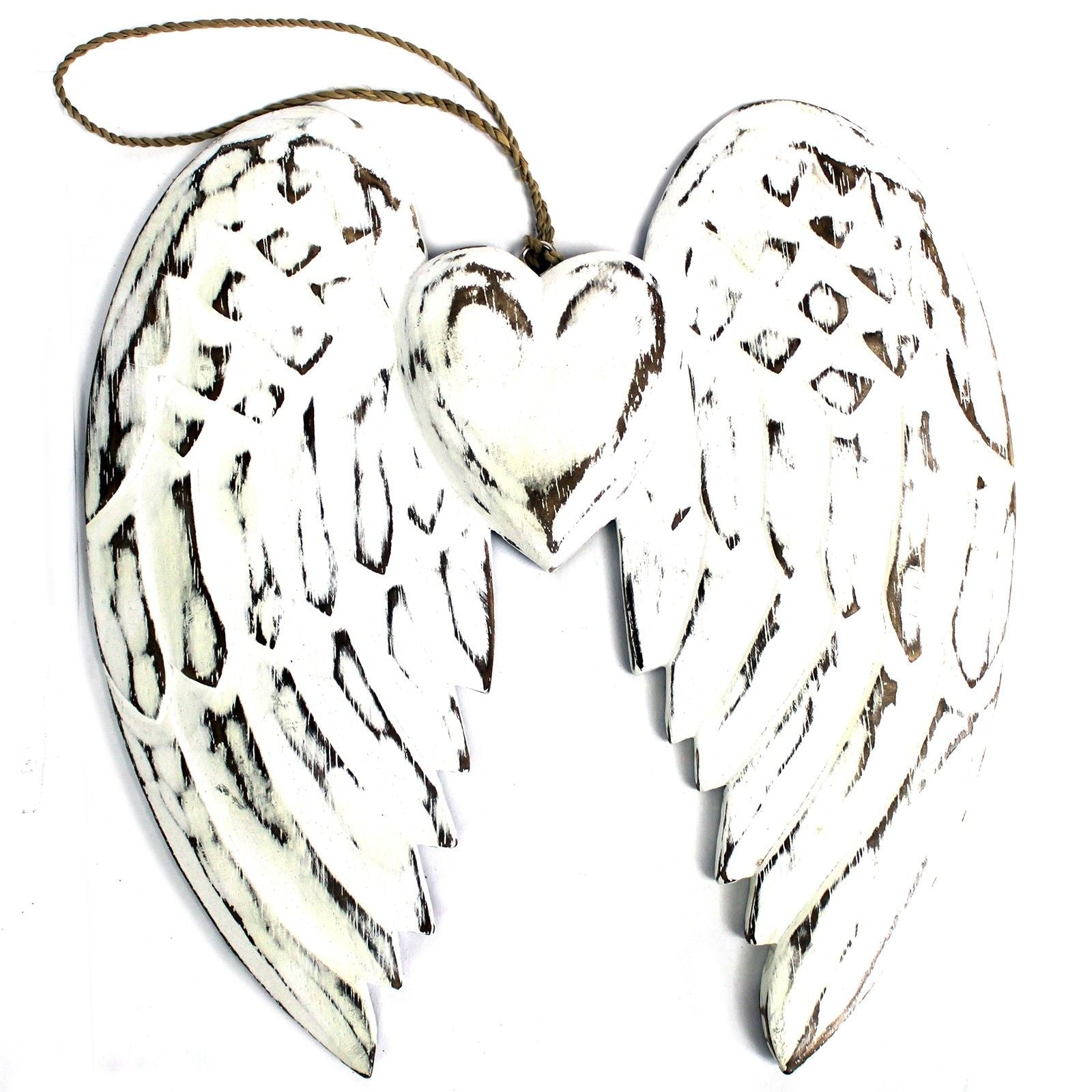 Hand carved white washed wooden double angel wings featuring a central heart in a rustic vintage style.