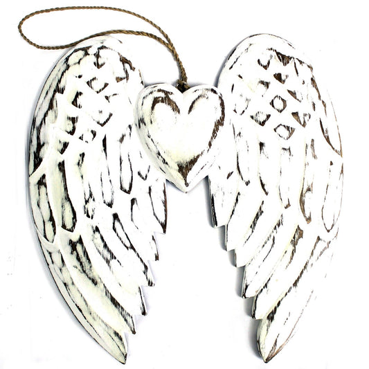 Hand carved white washed wooden double angel wings featuring a central heart in a rustic vintage style.