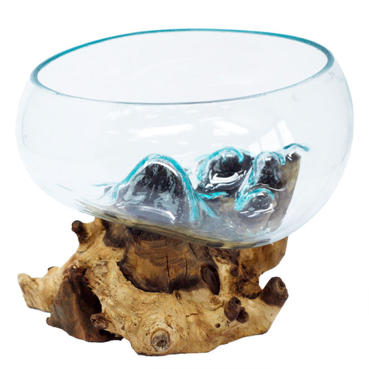 Large open glass bowl hand-blown to fit the natural contours of a rustic wood base.