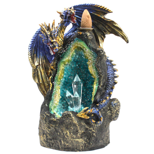 Intricate dragon perched on a crystal cave backflow incense burner with glowing LED lights and cascading smoke effect.