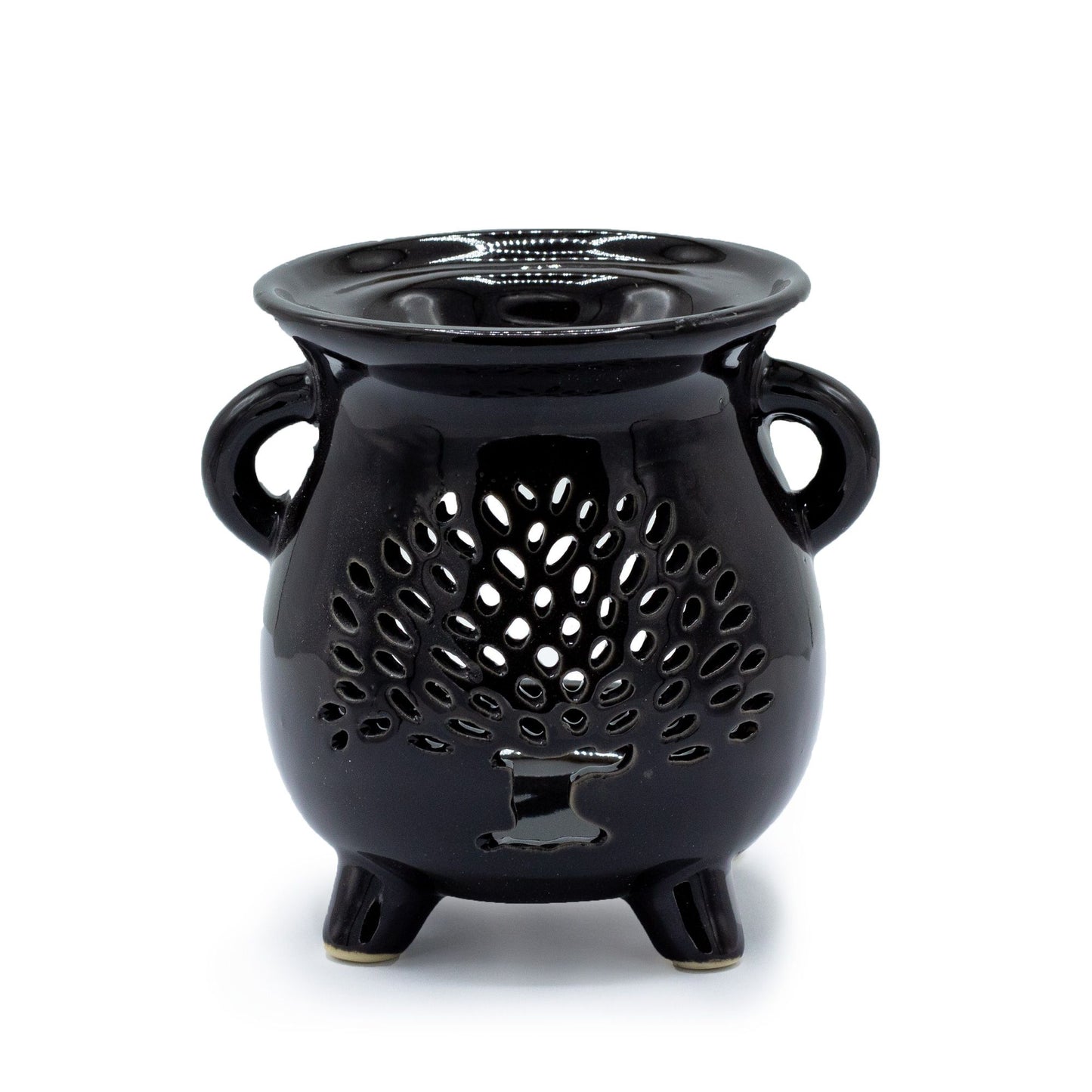 Black ceramic cauldron-shaped oil burner featuring a cut-out Tree of Life design on the front.