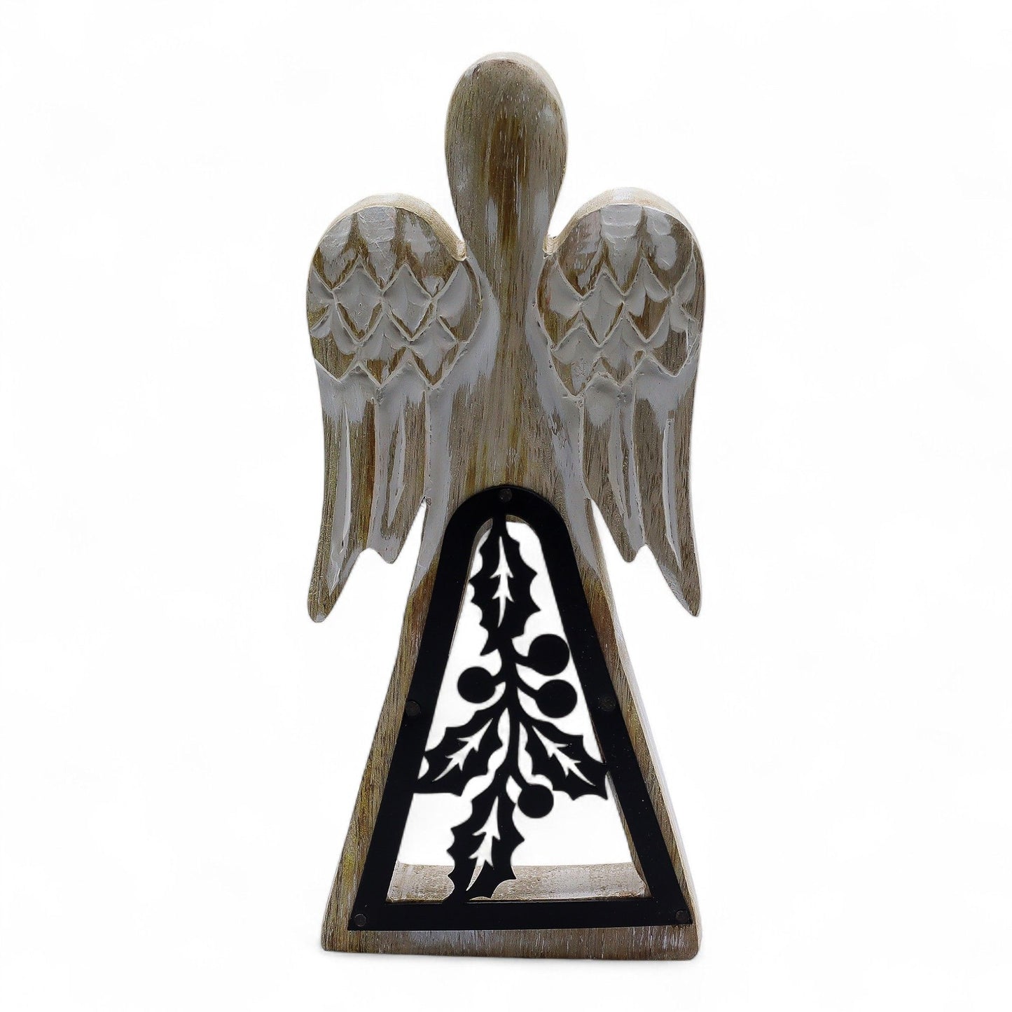 Hand-carved whitewashed mango wood angel figurine featuring a dark iron holly leaf cut-out detail on the skirt.