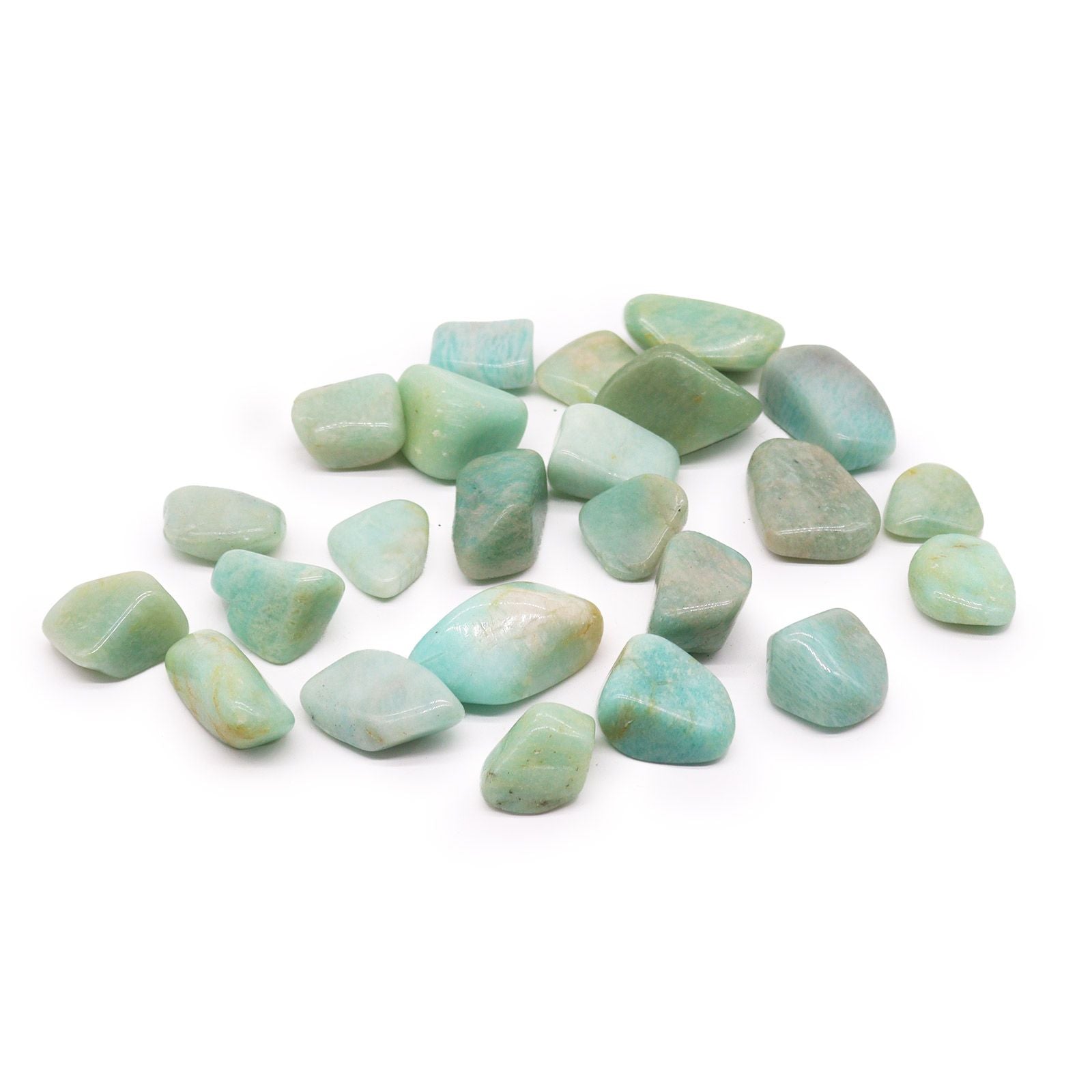 Smooth, polished large amazonite tumble stone showing beautiful pale green and turquoise hues with natural white veining.