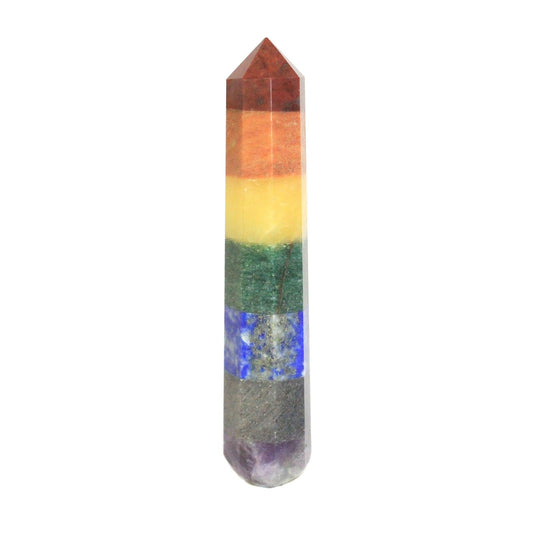 Handcrafted crystal massage wand featuring seven bonded gemstones in different colours representing the primary chakras.