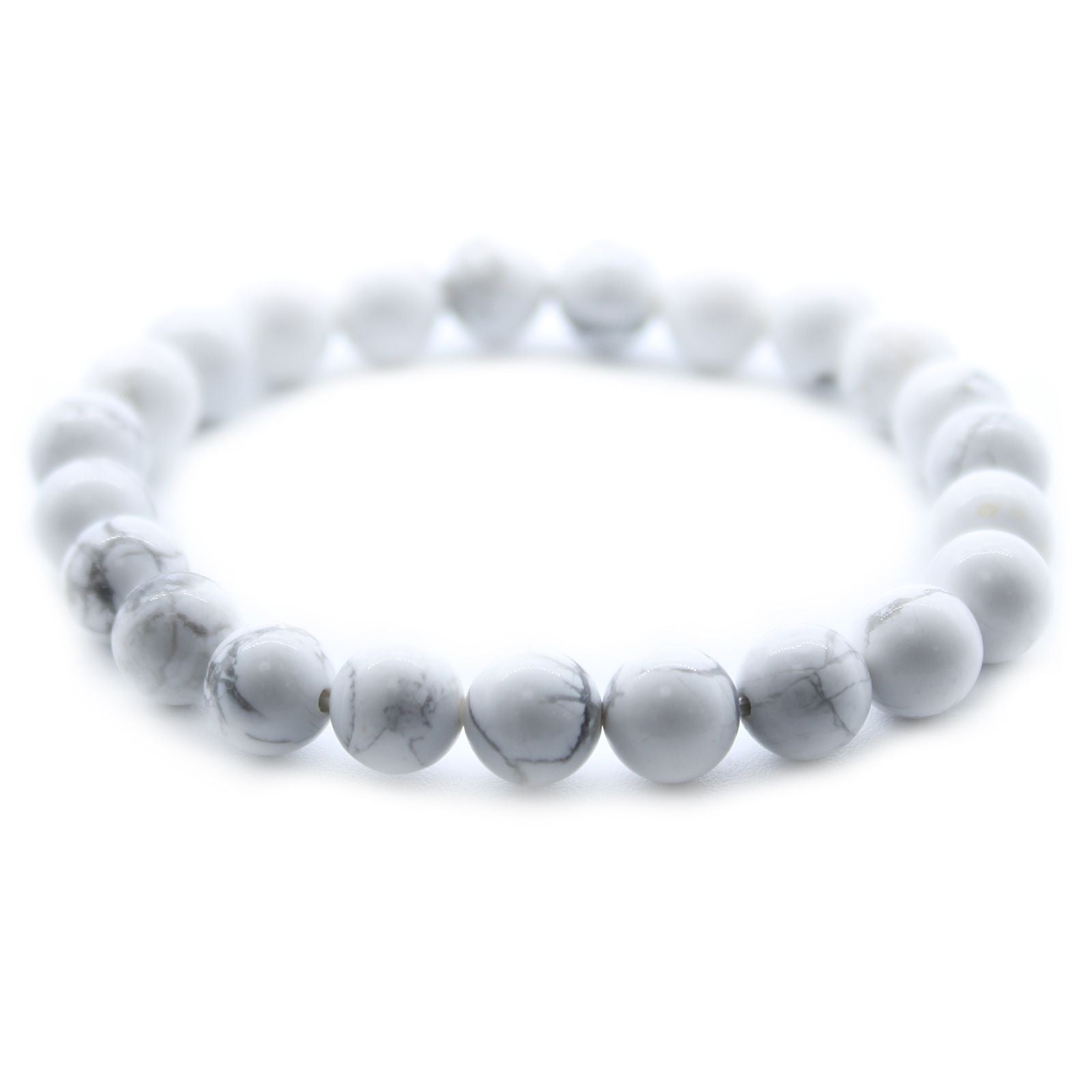 Elegant elasticated power bracelet featuring smooth, round white jasper gemstone beads with natural grey marbling.