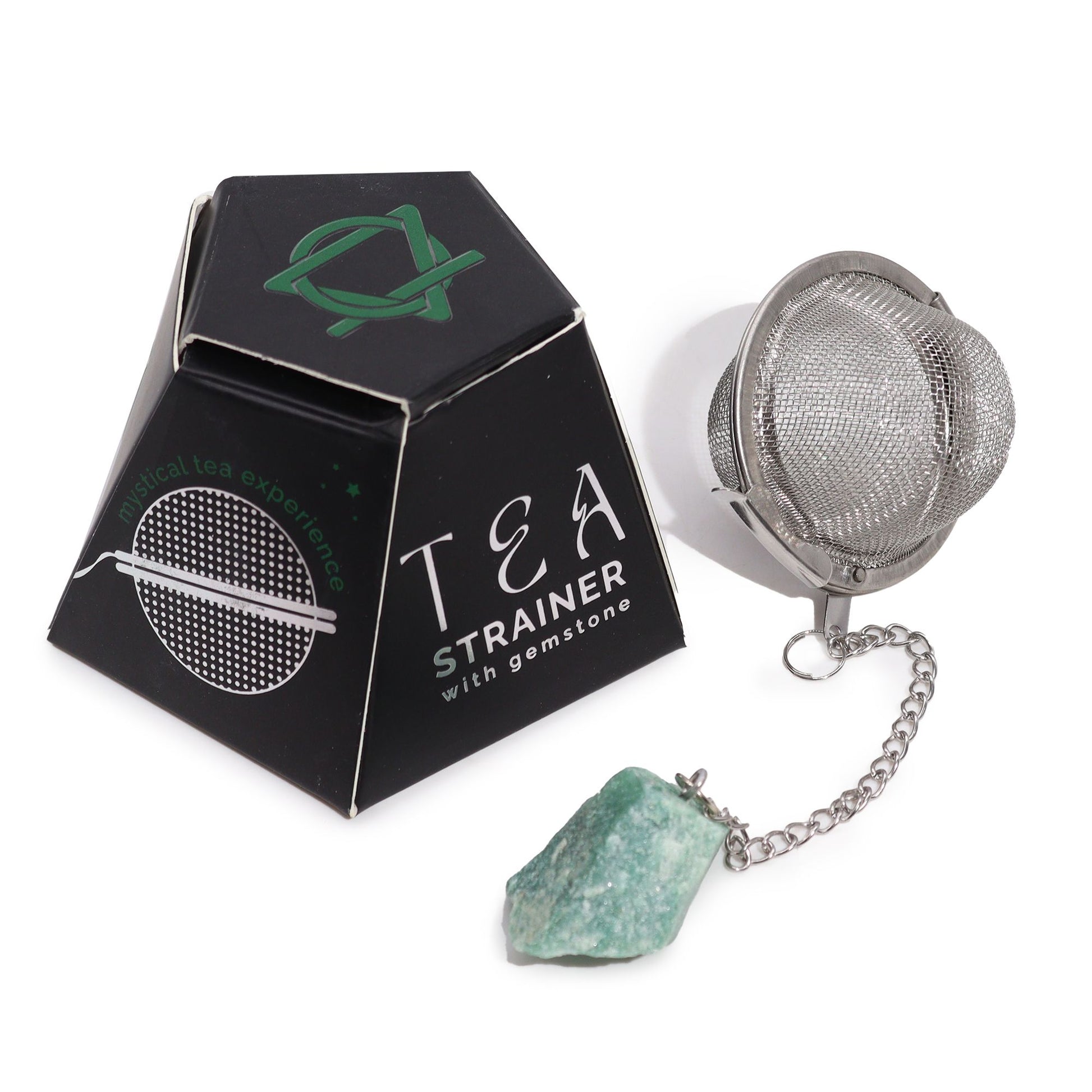 Stainless steel mesh tea strainer featuring a genuine raw green aventurine gemstone attached to the handle.
