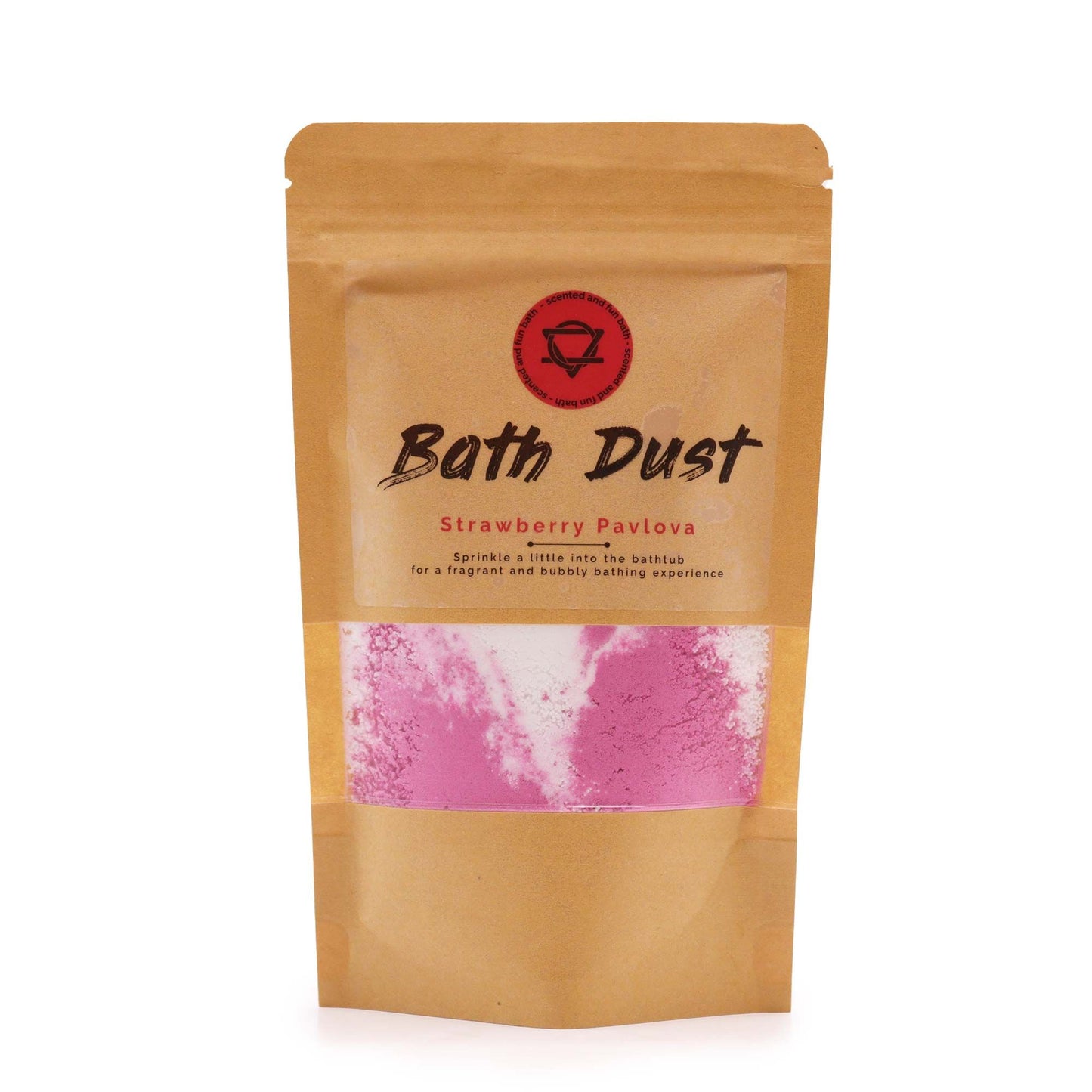 Fine pink and white bath dust powder with a sweet strawberry pavlova fragrance in a clear 190g packet.
