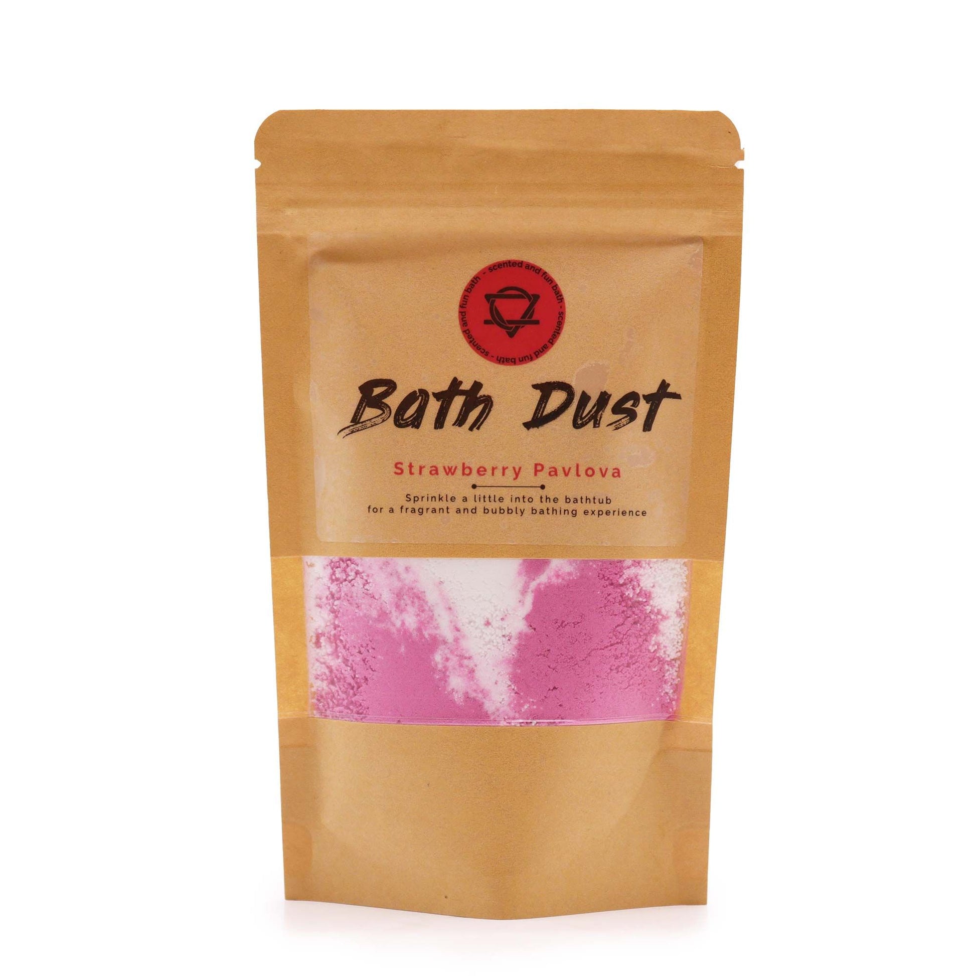 Fine pink and white bath dust powder with a sweet strawberry pavlova fragrance in a clear 190g packet.