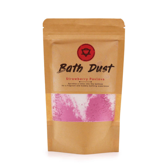 Fine pink and white bath dust powder with a sweet strawberry pavlova fragrance in a clear 190g packet.