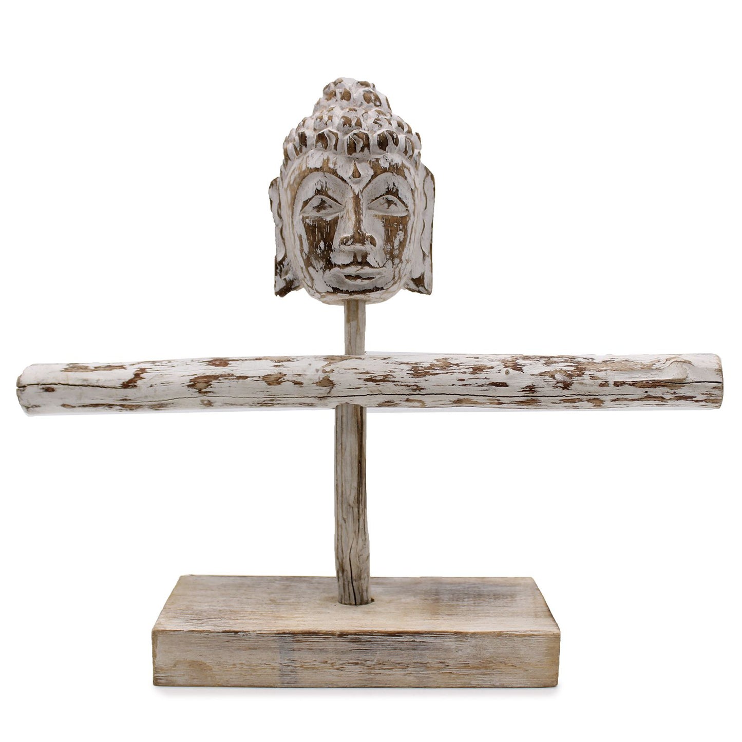 Handcrafted whitewashed wooden jewellery stand featuring a single branch design and a serene seated Buddha base.