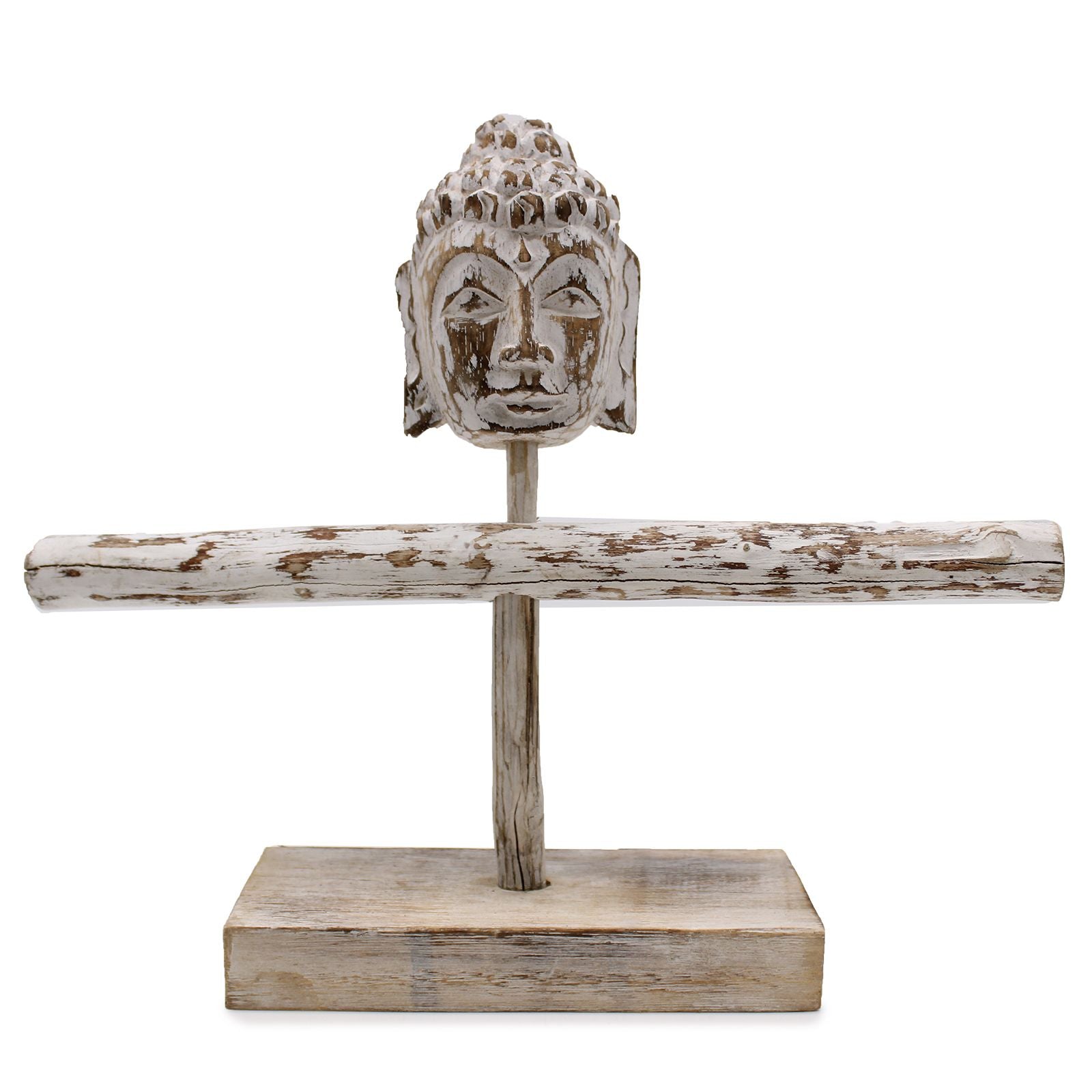 Handcrafted whitewashed wooden jewellery stand featuring a single branch design and a serene seated Buddha base.