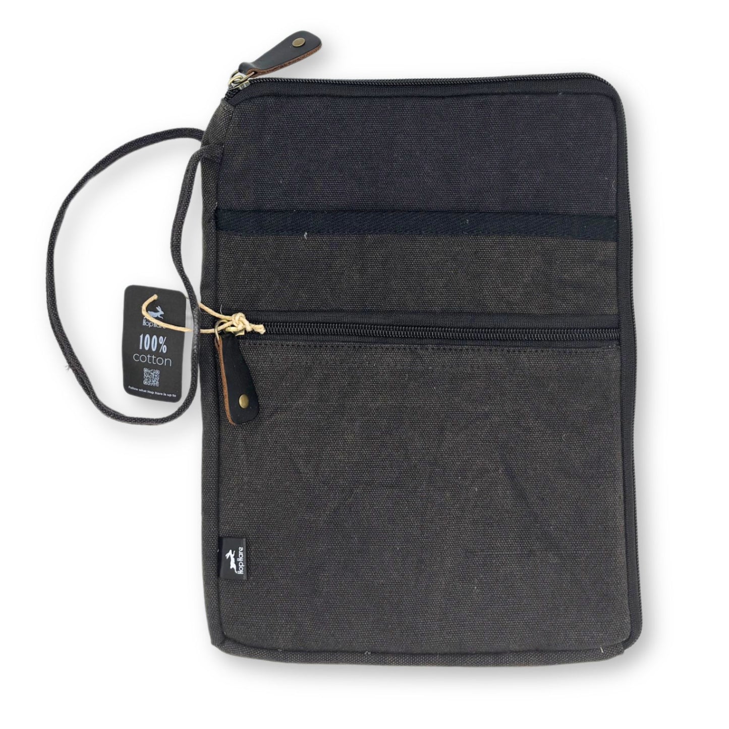 Minimalist charcoal grey stonewash fabric tablet pouch with a slim, protective design for portable devices.